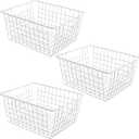3 Pack Freezer White Wire Baskets for Organizing Office Wire Storage Basket with Built-in Handles, 14" Large White Metal Baskets for Pantry Freezer Kitchen Cabinets