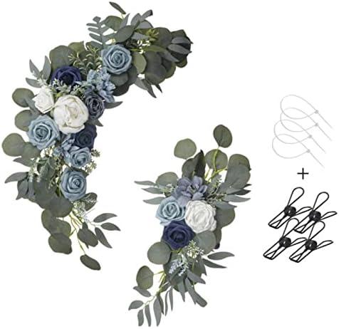 Gkvszy Wedding Flower Swag (Set of 2) for Wedding Welcome Sign Arch Artificial Flower Floral Swag Decor Wedding Ceremony Reception Party Decoration Navy, Dusty Blue and White