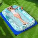 Inflatable Tanning Pool Lounger Float with Protection Tarp, 70" x 46" Pool Floats Adult with Pillow, 6 in 1 Suntan Tub Raft Floatie, Sunbathing Water Bed Lounge Blow Up Kids Ball Pit Party Gifts-Cyan