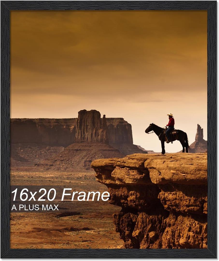 A PLUS MAX 16x20 Picture Frame, Black Engineered Wood Frame for 16 x 20 Inch Picture Poster Photo, Light Weight 16 by 20 Frame with Wood-grain for Wall - 1 Pack/Black/16 x20