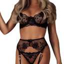 Kaei&Shi Floral Embroidered Mesh Sheer,Underwire Satin Bow,High Cut Thong,Belt Garter Lingerie (2-4, Black)