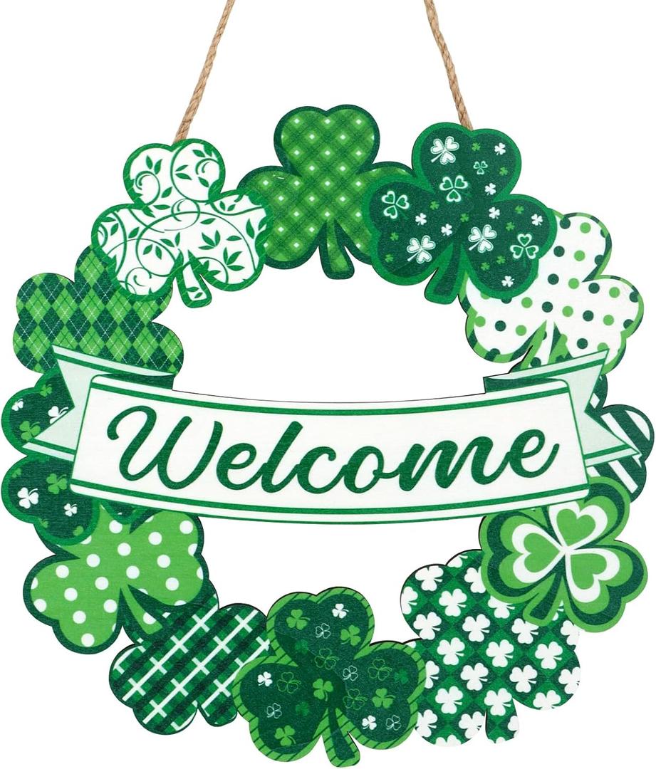 3 x Wooden St. Patrick's Day Decoration Shamrock Door Wreath for Front Door Sign Irish Welcome Wall Signs Shamrock Clover Spring Decoration for Home Outdoor Indoor Supplies