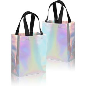 huichuan 12 Pack Iridescent Gift Bags Bulk, Waterproof Non-woven Holographic Bag with Sturdy Bases, Medium Size Reusable Gift Bags for Wedding, Party, Holiday, Birthday -8x3.9x9.8 In