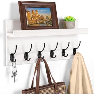 Shelf with Hooks, Coat Rack Wall Mount with 6 Double Metal Hooks, 17 Inch Farmhouse Wall Hooks with Shelf for Entryway, Bathroom, Kitchen, White
