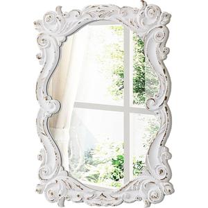 Vintage Mirrors for Wall Decor 16 X 24 Inch, Distressed White | Hanging Carved Wood Wavy Antique Oval Mirror, Rustic Curvy Mirror for Entryway Bathroom, Horizontal or Vertical
