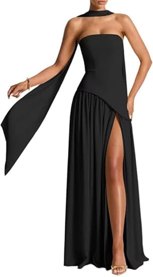 Women's Elegant Strapless High Slit Tube Dress Flowy Evening Wedding Guest Maxi Dresses with Scarf (Black, S)