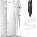 Milk Frother White - Coffee Frother Handheld with Electric Whisk - 19000 rpm - Book Recipes and Stainless Steel Stand Included - Hand Mixer Electric (White and Gold)