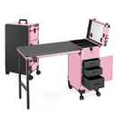 ZhenGuiRu Rolling Manicure Table Foldable Nail Desk 4 Drawers, Makeup Organizer Blueteeth Speaker on Wheels, Travel Makeup Case with LED Mirror TSA Lock for Technician Workstation Salon