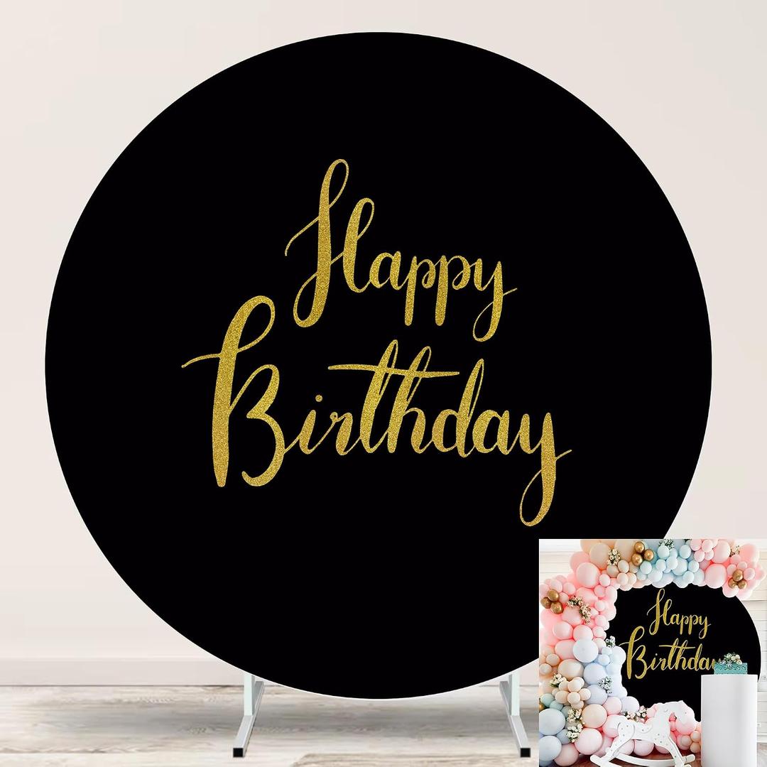 Gold Happy Birthday Black Round Backdrop Cover 7.2ft,Black Background with Gold Happy Birthday Sign for Photography Party Banner Decoration Supplies Circle Backdrop Adult Kids Photo Portrait