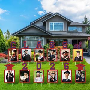 12 Pcs Graduation Photo Yard Sign Decorations 2026, K-12 Grade Graduation School Picture Frame Lawn Sign with Stakes for Kindergarten Middle High School Class of 2026 Grad Party Decorations, Red Blue