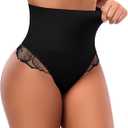Tummy Control Thong Shapewear for Women Mid High Waisted Body Shaper Lace Shaping Thong Girdle Panty, Small 
