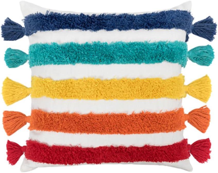 Rainbow Boho Throw Pillow Covers 18x18 Inch - Hand Tufted Cotton with Playful Tassels | Multicolor Stripes Pattern | Vibrant Nursery Kids Room Decor Sunset Rainbow Pack of 1,18" x 18" B