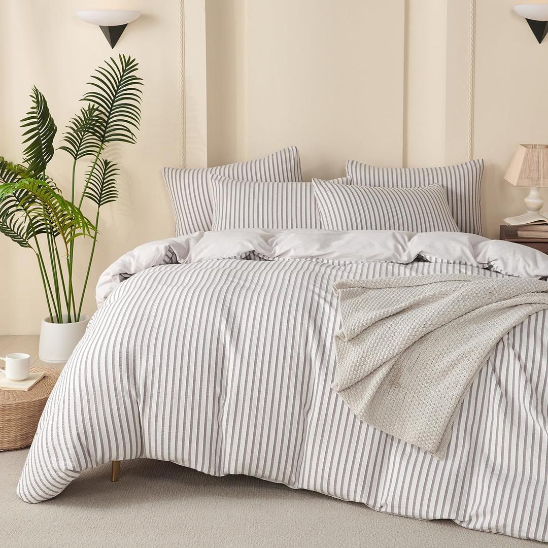Luxury Grey Comforter Set Queen - Washed Microfiber 3 Pieces Jacquard Bedding, White & Grey Vertical Ticking Stripes Pattern Comforter with 2 Pillowcases, Soft Breathable Durable Comfy