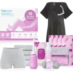 Frida Mom 15pc Labor & Postpartum Kit Gift Set for Baby Showers & Mom to Be, Includes Peri Bottle, Nursing Gown, Disposable Underwear, Ice Maxi Pads, Pad Liners, Perineal Foam, Socks & Toiletry Bag