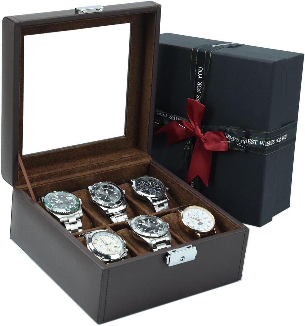 Watch Case & Watch Box for Men, Leather Display Watch Storage Case, Mens Watch Organizer with Jewelry Storage, Watch Gift Box & Watch Collection Box,Birthday Christmas Gifts for Men Women (6 slots, Brown)