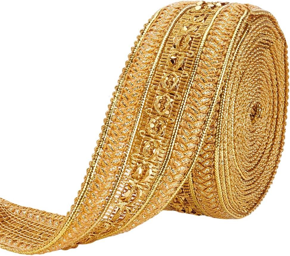 MAYJOYDIY 5 Yards Gold Metallic Jacquard Trim, 1-5/8inch Wide Indian Gimp Braid Emobridered Double Sided with Woven Golden Threads for Curtains, Lampshade, Sofa DIY Sewing and Crafting
