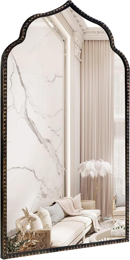 Marlowe Mirror, 22" W x 38" H, Antique Black, Metal Beaded Frame, Arch Wall Mirror, Modern & Antique Style, Wall Mounted