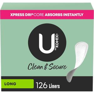 U by Kotex Panty Liners, Clean & Secure, Light Absorbency, Long Length, 126 Count (Packaging May Vary)