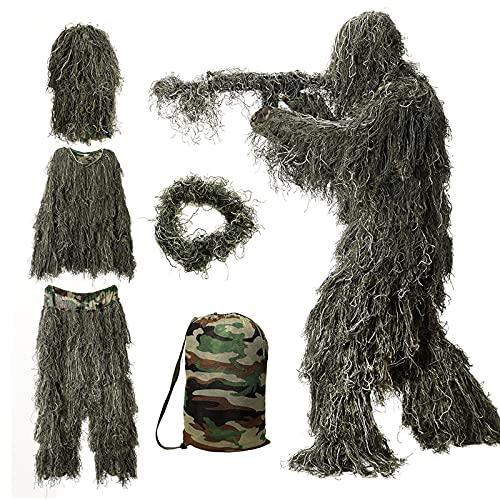 Ghillie Suit for Men, 5 in 1 Ghillie Suit Superior Camo Hunting Clothes for Kids/Youth Hunters, Military, Sniper Airsoft and Paintball. Size M