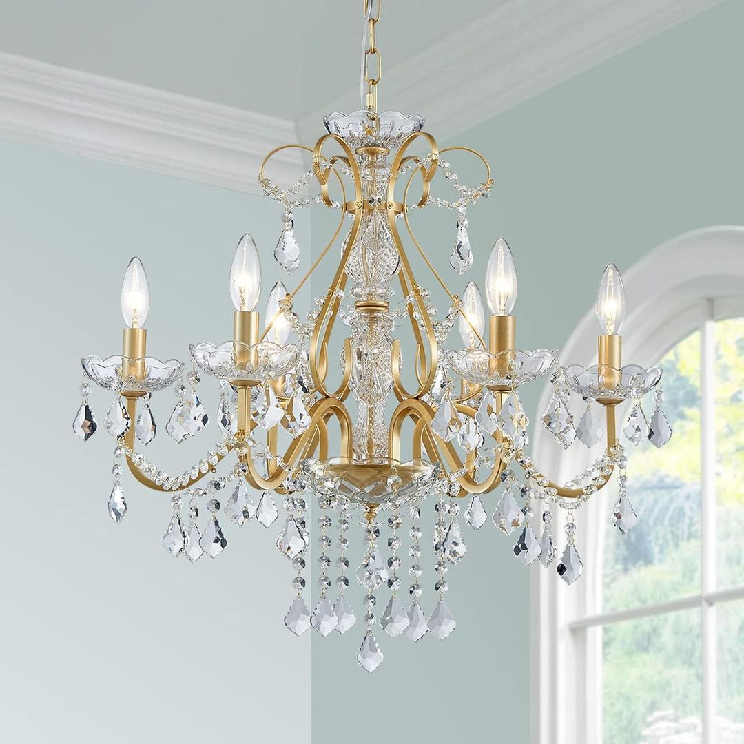 Bestier Gold Vintage Candle Chandelier Crystal Lighting Fixture Lamp for Dining Room Bathroom Foyer Livingroom 6 E12 Bulbs Required D24 in x H26 in (Gold, D24" H26")