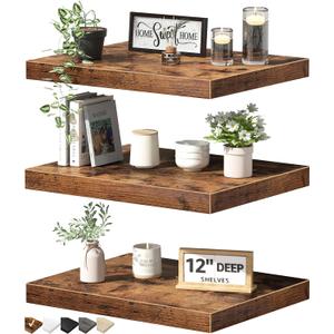 QEEIG 12" Deep Floating Shelves for Wall - 12 x 16 inch Book Shelf Bathroom Bedroom Kitchen Living Room Hanging Bookshelf Farmhouse Set of 3, Brown (026-40BN3)