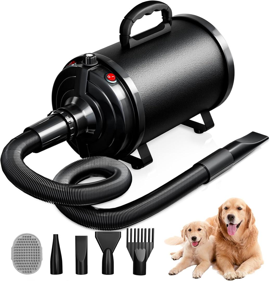 Dog Dryer Pet Hair Blower High Velocity for Grooming, Blow 3800W/5.2HP for Large Dogs Sechoir Pour Chien with Stepless Adjustable Speed, 4 Different Nozzles and Dog Brush,Black