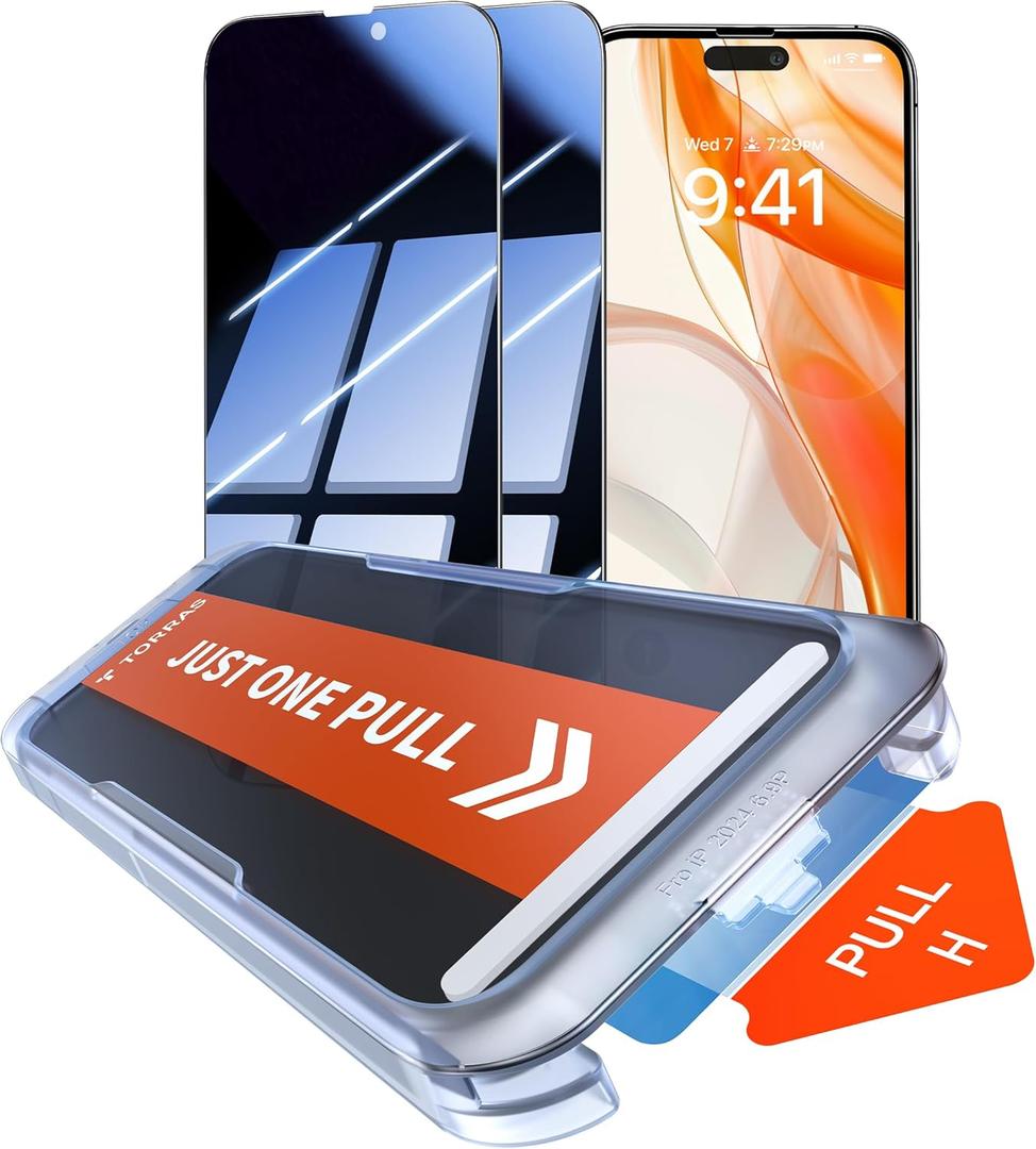 TORRAS Military-Grade for iPhone 16 Pro Screen Protector Privacy, [9H+] Full Coverage Tempered Glass, [TOP 25 Anti-Spy], Easy Install, Bubble-Free, Case-Friendly, 6.3'', 2-Pack