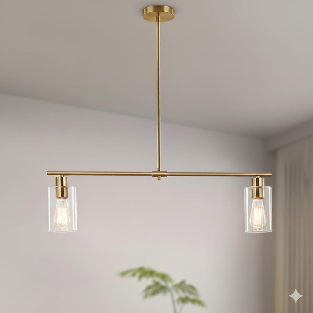 HuisMier 2 Lights Kitchen Island Lighting, Farmhouse Brushed Brass Pendant Light Fixtures with Clear Glass Shades, Modern Linear Island Lights for Kitchen Dining Room Bar Foyer