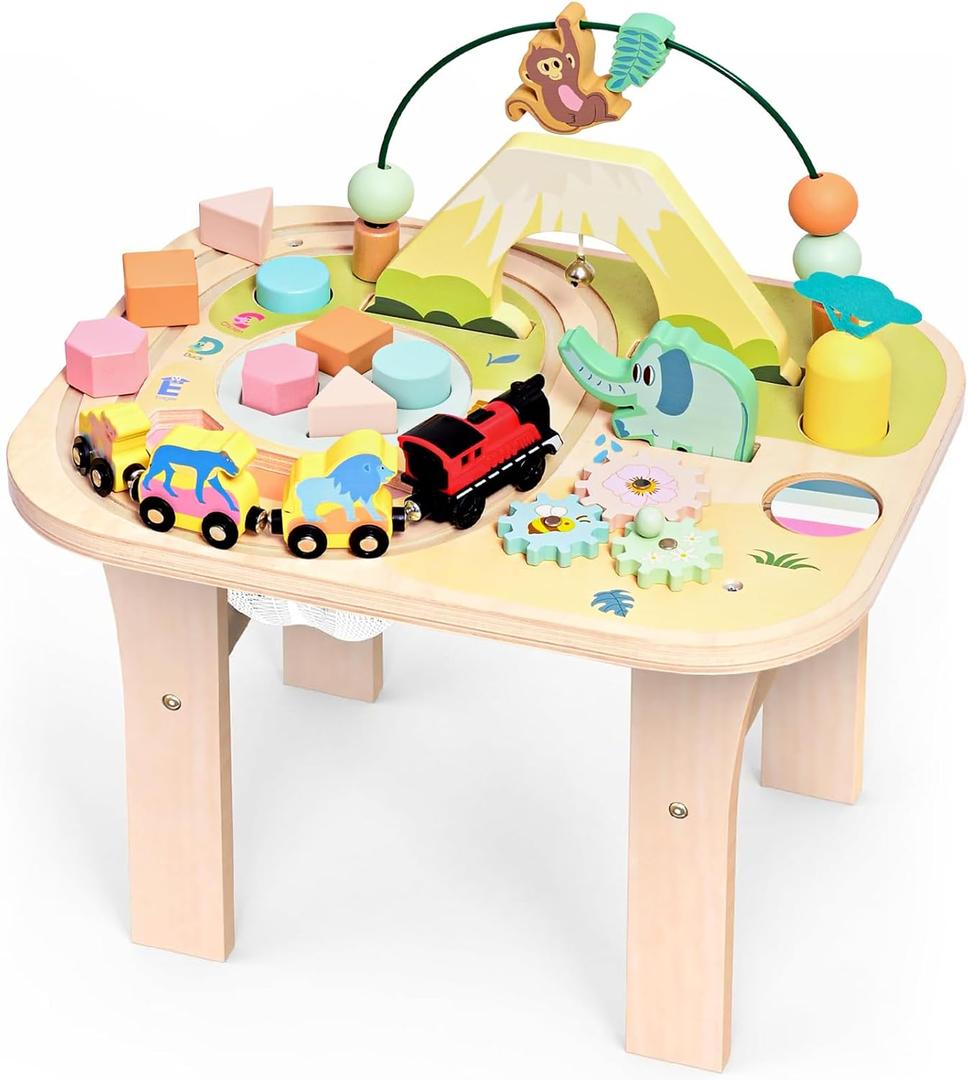 WINGYZ Activity Table for 1 Year Old Toddler, 9-in-1 Morandi-Colored Wooden Montessori Toys, Baby Play Table with Bead Maze Shape Sorter Train Toy, Educational Gifts for 12 Months+ Kids Boys Girls, Large Square