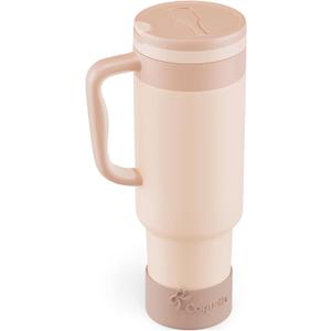 40 oz Insulated Tumbler with Handle and Push-Button Straw Lid, Stainless Steel Travel Cup for Gym Office, Leakproof, BPA-Free, Cup Holder Friendly, Bow Silicone Boot, Beige (Cream Latte) 