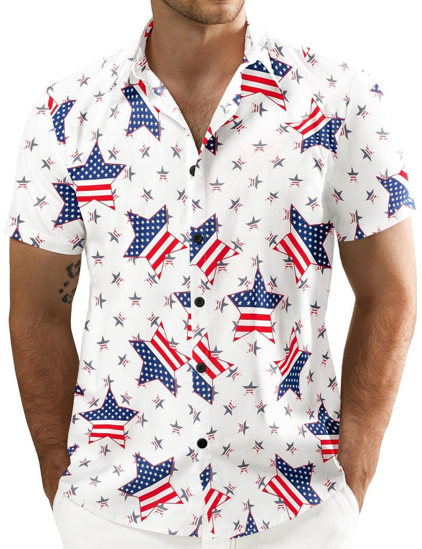 JOGAL Men's Flower Cotton Button Down Short Sleeve Hawaiian Shirt White Multicolor Small