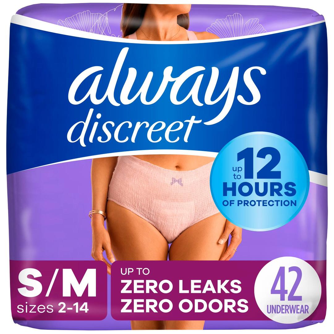 Always Discreet Adult Diapers for Women, Incontinence Underwear, Postpartum Essentials, Disposable Briefs, Max Absorbency, Bladder Leak Protection, Small/Medium, 42ct, 2 Pack