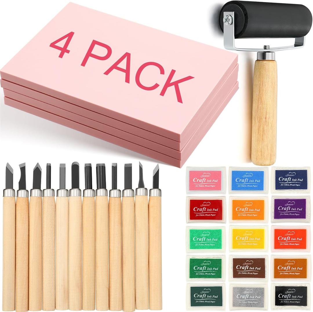 32 Pack Rubber Block Stamp Making Kit Includes 4 Carving Blocks, 15 Ink Pads for Stamps, 12 Hobby Knives, and 1 Rubber Roller Brayer for Printmaking Supplies Starter Kit