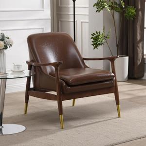29.2'' Mid - Century Modern Faux Leather Accent Chair: Cushioned Comfort, Solid Wood Frame, Brass-Tipped Legs-Ideal for Living, Bedroom, Office Lounge (Dark Brown)
