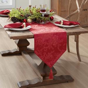 Elrene Home Fashions Poinsettia Elegance Jacquard Holiday Table Runner, 13" x 70", Red