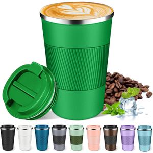 Insulated Coffee Mug 12oz & 17oz, Leakproof Coffee Cup with Lid, Thermal Coffee Tumbler Stainless Steel Reusable Coffee Mug Keep Cold and Hot Gift for Men Women (Grassy Green, 12oz)