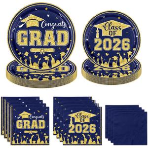 Graduation Party Decorations 2026 Navy Blue and Gold,Disposable Congrats Grad Plates and Napkins Supplies Set,for College High School Graduation Dinnerware Decorations,Serves 50 Dessert Cake Plates