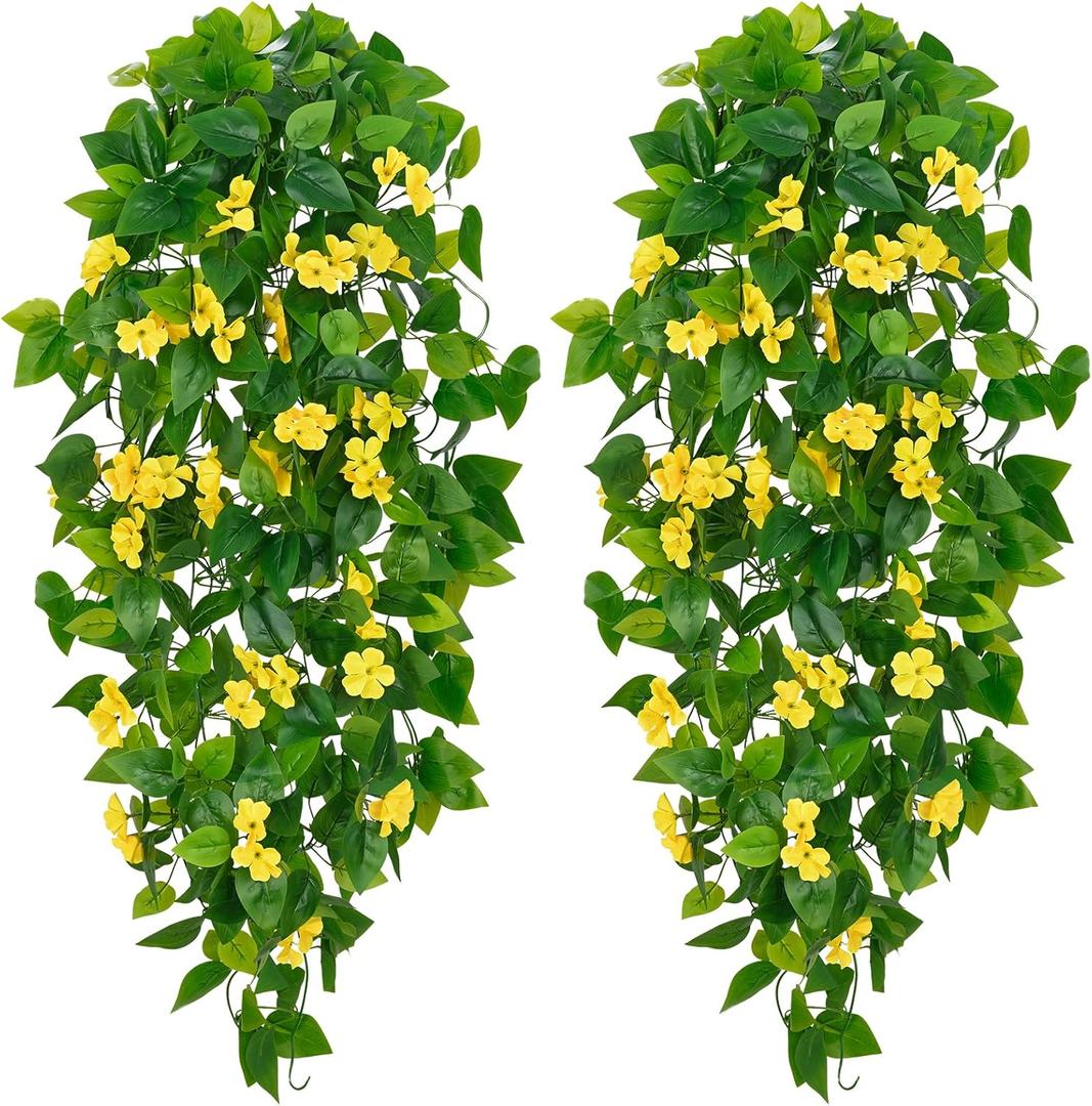 BLEUM CADE Artificial Hanging Flowers for Outdoors, 2pcs Fake Hanging Plants Pothos Vines with Yellow Flowers for Wall Home Living Room Indoor Outdoor Decor (No Baskets)