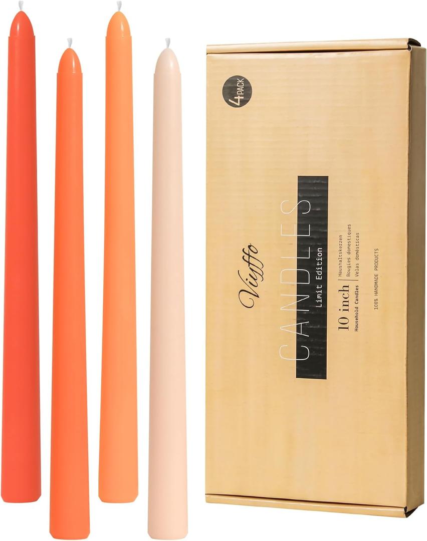 Viyffo Taper Candles 10 Inch Orange Set of 4 Unscented, Dripless, Smokeless Long Tall Tapered Candlesticks Wedding Home Decor Dinner Natural Color Series