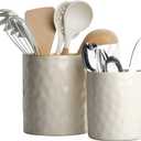 famiware Ocean Utensil Holder, 7.2"+5.8" Ceramic Kitchen Utensil Holder for Countertop, Cooking Utensil Crocks, Utensil Organizer for Spatula & Spoon, Kitchen Decor, Set of 2, Vanilla White