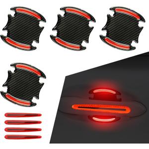 Pack-8 Car Door Handle Door Bowl Sticker, 3.2" x 3.5" + 0.5" x 3.5" Carbon Fiber Textured Flexible Reflective Warning Decals, Paint Scratch Protection Covers, Universal for Cars (Red & Black)