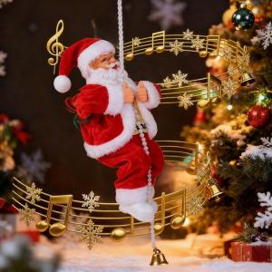 Electric Christmas Climbing Santa Claus Musical Christmas Tree Pendant Decoration Ornament Funny Singing Plush Climbs Up and Down Santa Claus on Rope Moving Figure Gift for Door Home Party Holiday (White)