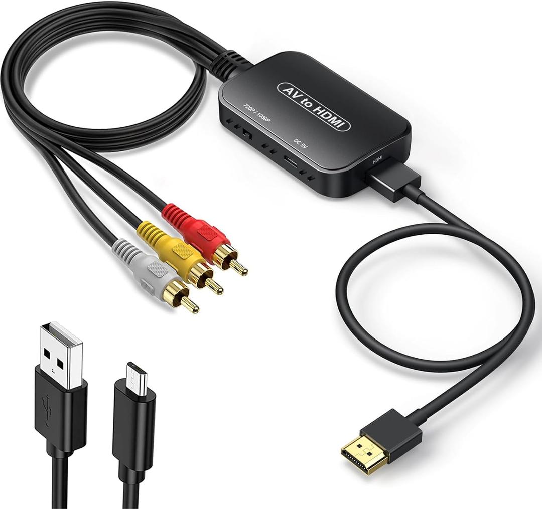 RCA to HDMI Adapter, AV to HDMI 3RCA CVBs Composite Video Audio Converter Adapter for TV Stick/Roku/Apple TV/PC/Laptop/Xbox/HDTV/DVD (with hdmi Cable & USB Cable) (Black-male)