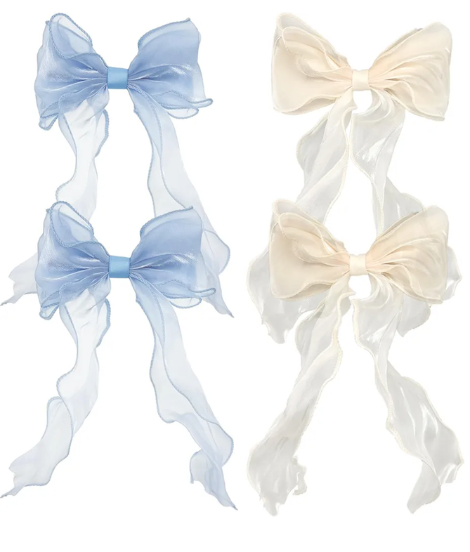 4 PACK Light Blue and Champagne Big Ribbon Hair Bows,Large Hair Accessories,Oversized Long-tail Hair Clips for Women and Girls Hair Styling Accessories.
