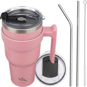 40 oz Tumbler with Handle and 2 Straw 2 Lid, Insulated Water Bottle Stainless Steel Vacuum Cup Reusable Travel Mug, Light Pink