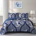 Navy Quilt Set Queen Size, Boho Damask Bedspread Coverlet Set Soft Lightweight Luxury Classical Bedding Set 3 Pieces for All Season (96"x90")