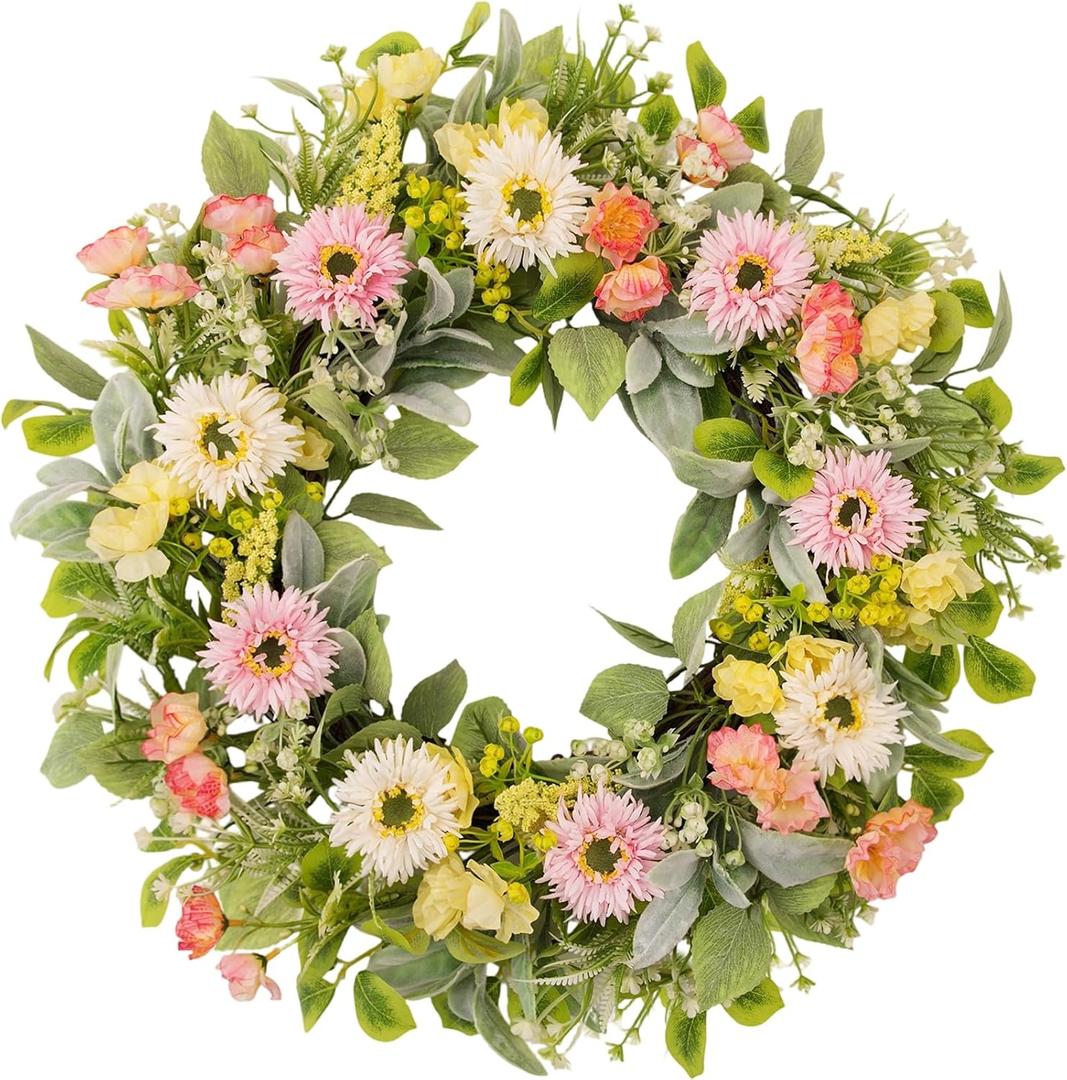 20 Inch Spring Wreaths for Front Door, Artificial Pink Gerbera Daisy & Yellow Rose Floral Wreath with Lamb's Ear Leaves & Greenery, Farmhouse Summer Wreath for Wall Window Porch Home Decor