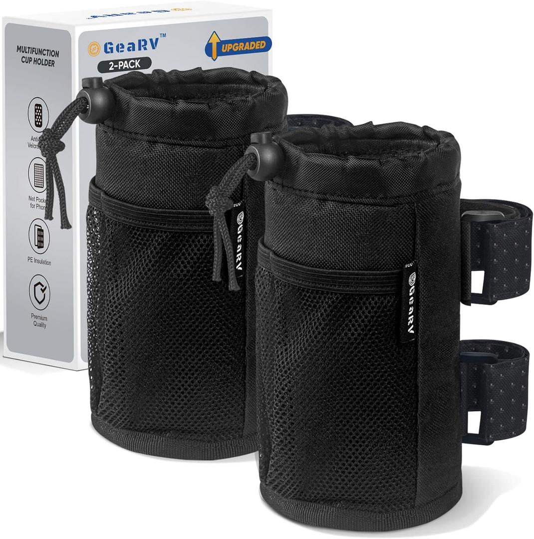 GEARV 2Pack Cup Holder for Bike, Scooter and Wheelchair, Water Bottle Holder for UTV/ATV, Walker, Golf Cart and Beach, Universal Drink Holder Accessories with Net Pocket and Cord Lock (Black)