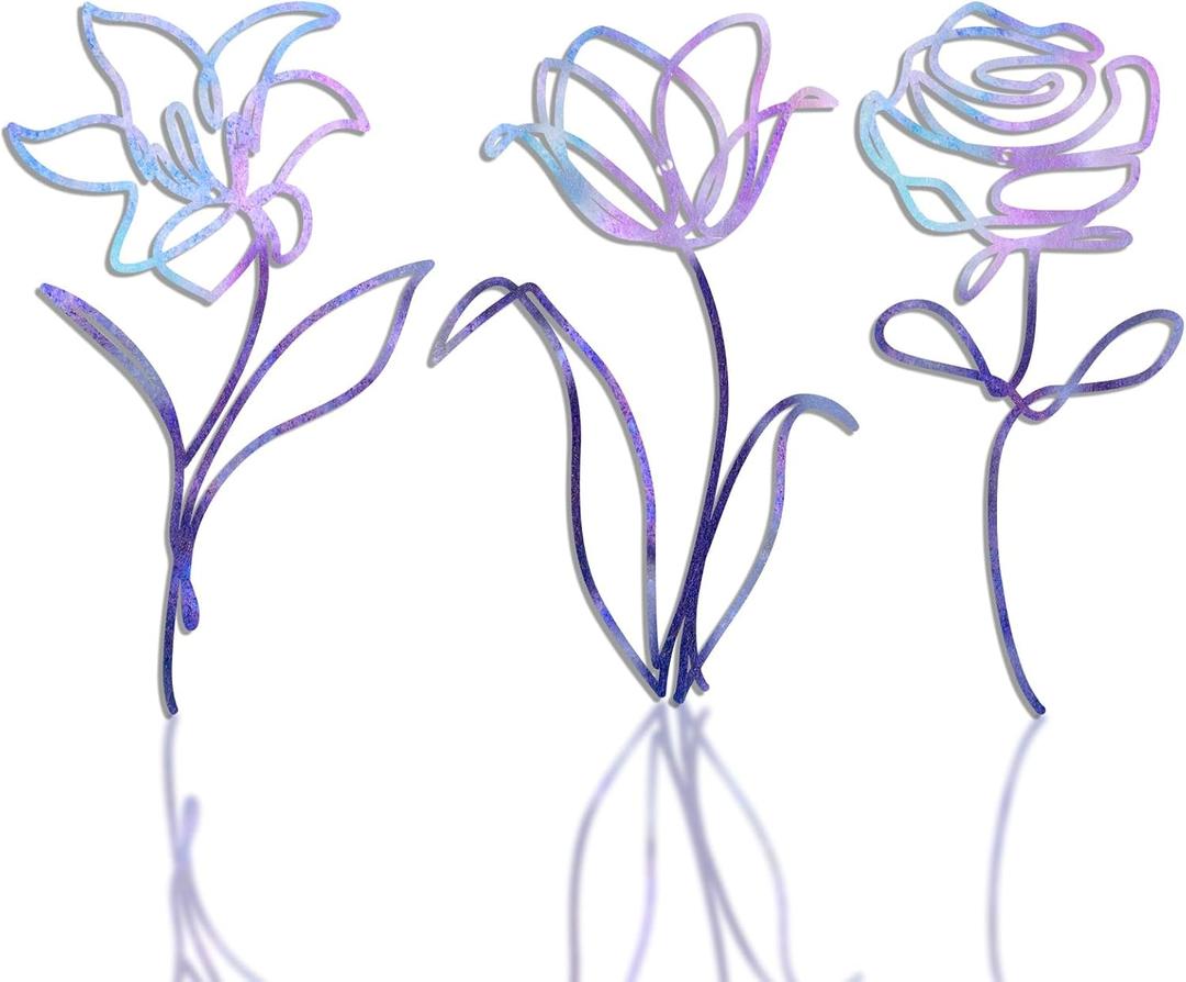 3 Pieces Metal Flowers Wall Arts Decor, Rustic Farmhouse Metal Wall Art Father's Day Gifts Purple Minimalist Floral Decor for Bathroom Kitchen Bedroom Living Room, 6x10 Inches - Housewarming Gifts