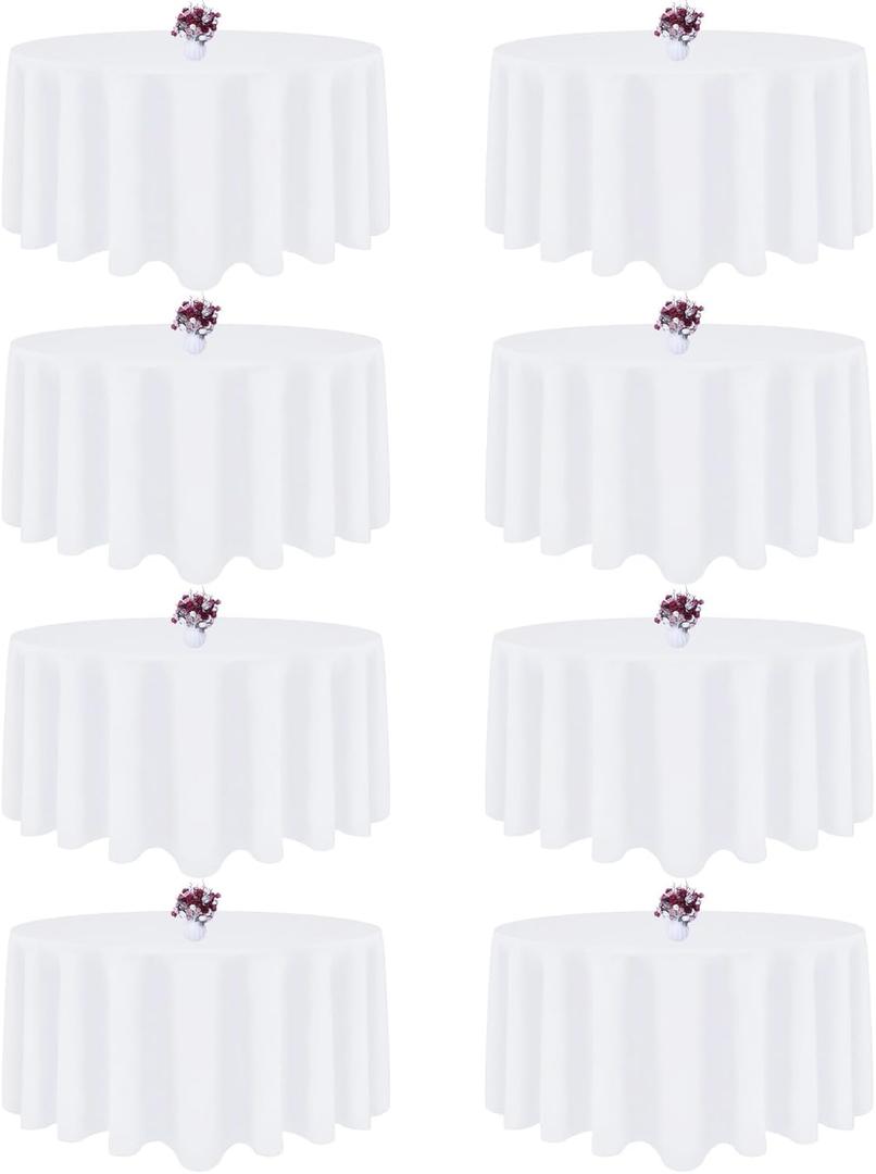8 Packs 120 Inch White Round Tablecloth in Diameter, Washable Polyester Fabric Tablecloths, Wrinkle Resistant Table Cloth for Wedding Party Banquet Dining
